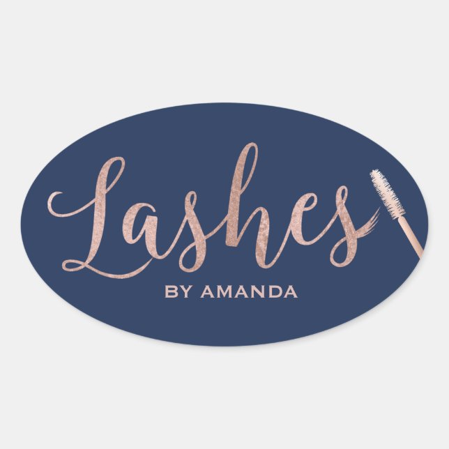 Lashes Makeup Artist Rose Gold Script Navy Ovaler Aufkleber (Vorderseite)