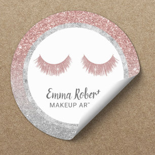 Lashes Makeup Artist Rose Gold & Silver Glitzer Runder Aufkleber