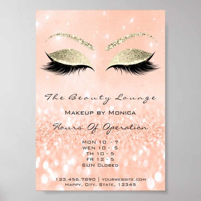 Lashes Makeup Glitzer Beauty Salon Peach Poster (Vorne)