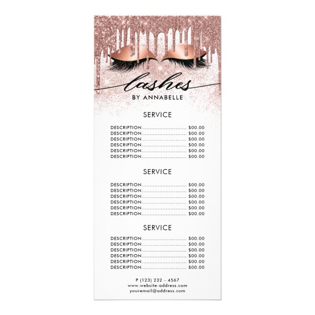 Lashes Moderne Rose Gold Price List Rack Card Werbekarte (Vorne)