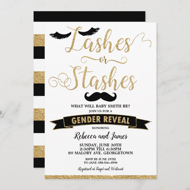 Lashes oder Stashes Gender Reveal Baby Shower Gold Einladung (Vorne/Hinten)
