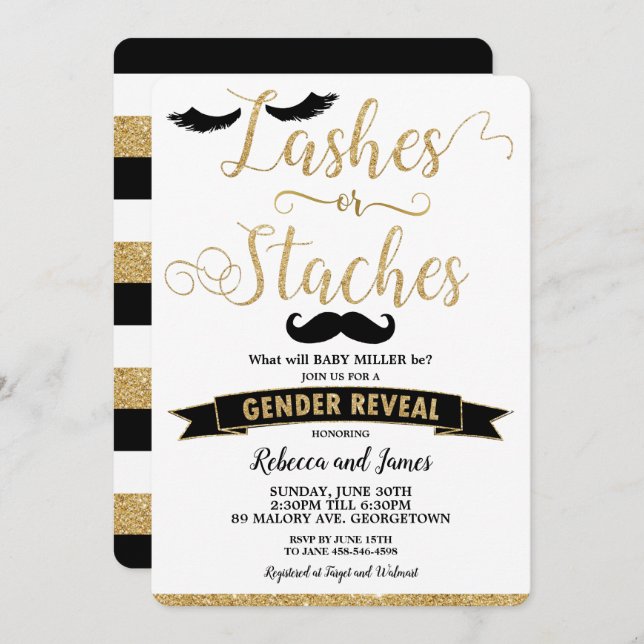 Lashes oder Stress Gender Reveal Baby Shower Gold Einladung (Vorne/Hinten)