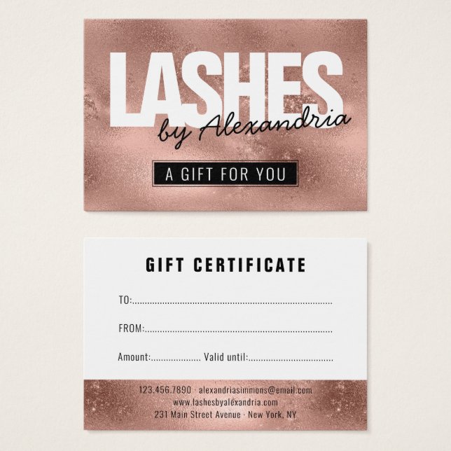 Lashes Rose Gold Pink Sparkle Geschenkgutschein (Vorne & Hinten)