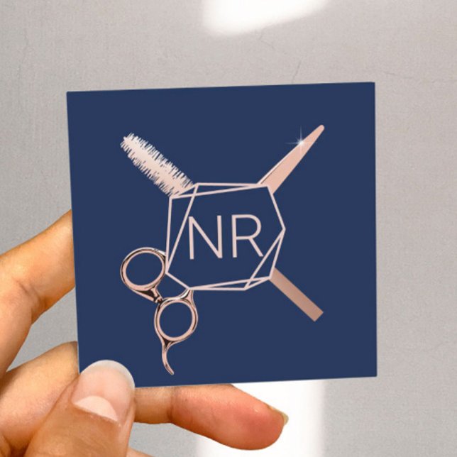 Lashes Rose Stylist Gold Geometric Navy Blue Quadratische Visitenkarte (Von Creator hochgeladen)