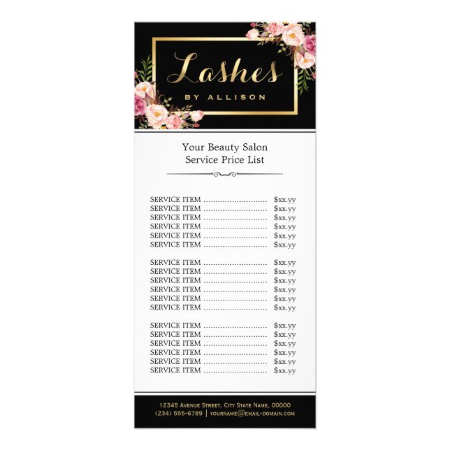 Lashes Skript Pink Floral Makeup Preisliste Werbekarte (Vorne)