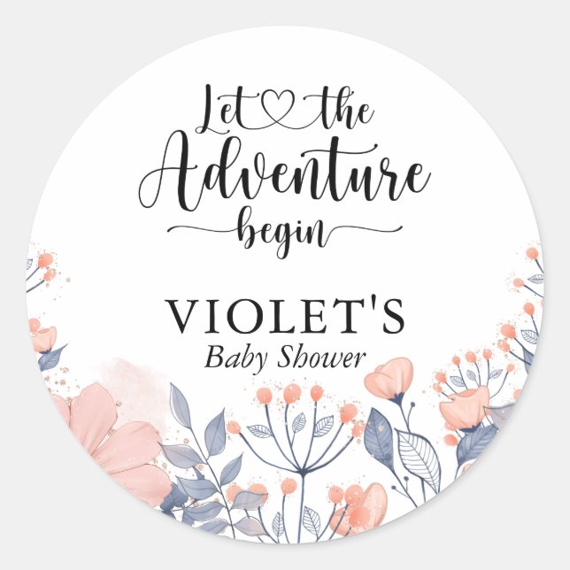 Lass Adventure Begin Pink Blue Violet Baby Shower Runder Aufkleber (Vorderseite)