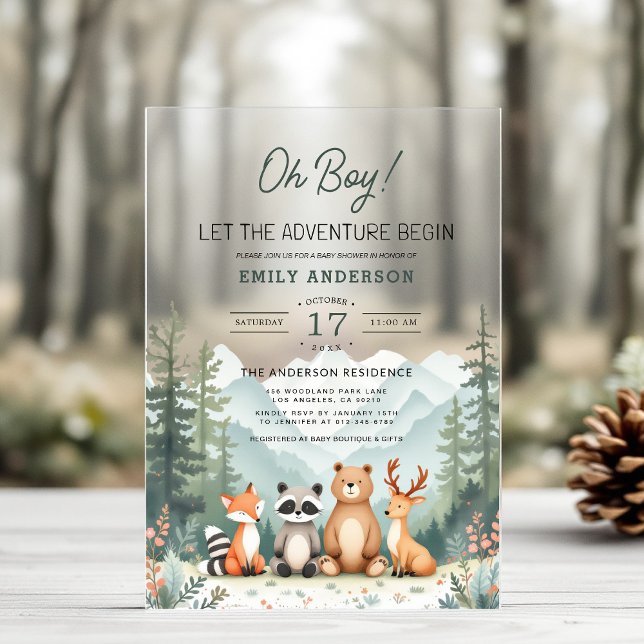 Lass Adventure Begin Woodland Forest Baby Shower Acryleinladungen (Von Creator hochgeladen)