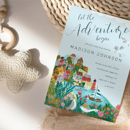 lass das Abenteuer beginnen Junge Dusche Party Einladung