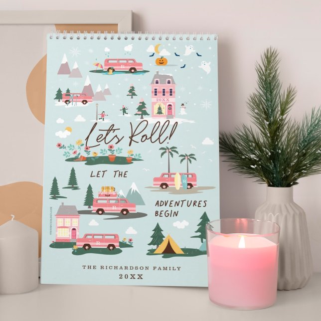 Lass das Abenteuer beginnt Chic Pink Retro Van Fam Kalender (Let The Adventure Begin Chic Pink Retro Van Family Calendar)