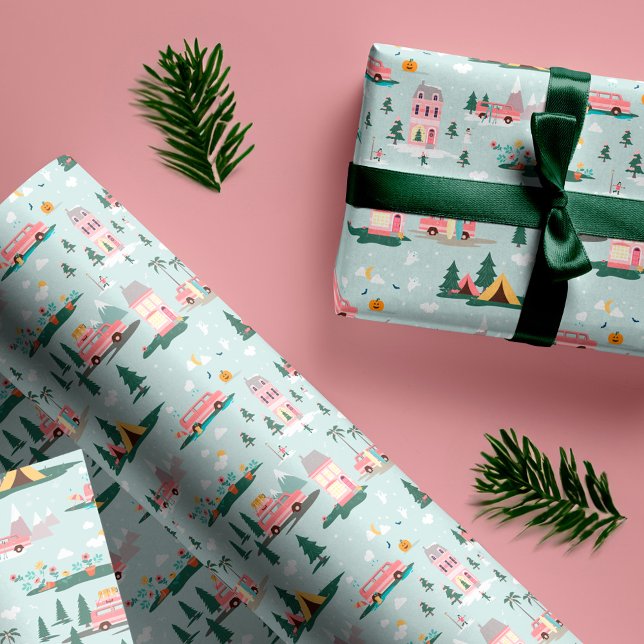 Lass das Abenteuer beginnt Chic Rosa Retro Van Tra Geschenkpapier (Let The Adventure Begin Chic Pink Retro Van Travel Wrapping Paper)