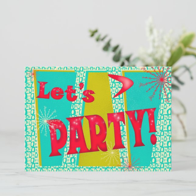 Lass das Party! Fett Retro Türkis Einladung (Stehend Vorderseite)