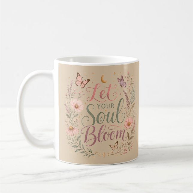 Lass deine Seele mit Boho-Wildblumen Sandbeige auf Kaffeetasse (Links)