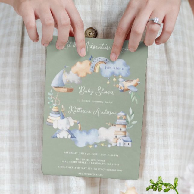 Lass der Adventure Begin Boy Baby Toy Baby Shower Einladung (Von Creator hochgeladen)