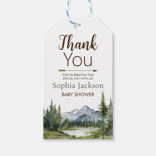 Lass der Adventure Begin Forest Rustic Baby Shower Geschenkanhänger (Vorderseite)