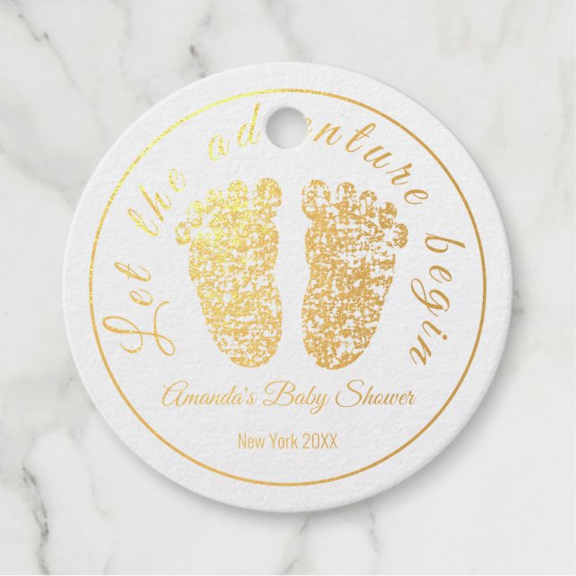 Lass der Adventure Begin Gold Feet Foot Baby Dusch Geschenkanhänger (Vorderseite)