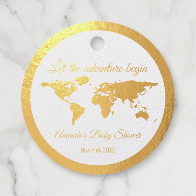 Lass der Adventure Begin Golden Globe Babydusche Geschenkanhänger (Vorderseite)