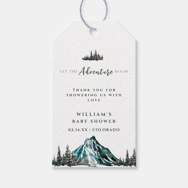 Lass der Adventure Begin Mountain Pine Baby Dusche Geschenkanhänger (Vorderseite)