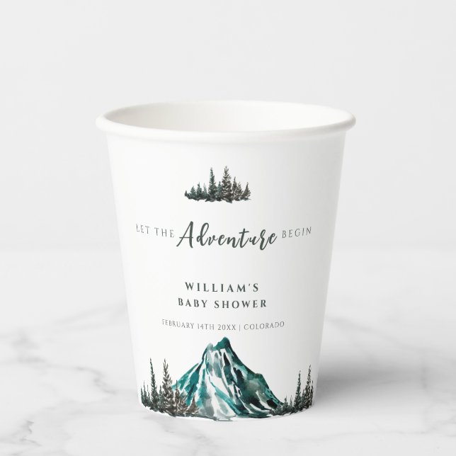 Lass der Adventure Begin Mountain Pine Baby Dusche Pappbecher (Vorderseite)