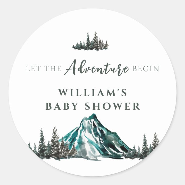 Lass der Adventure Begin Mountain Pine Baby Dusche Runder Aufkleber (Vorderseite)