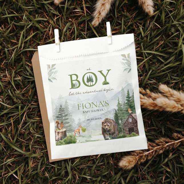 Lass der Adventure Begin Mountains Boy Baby Dusche Geschenktütchen (Oh boy let the adventure begin custom baby shower favor bags inspired by mountains, woodland, forest)