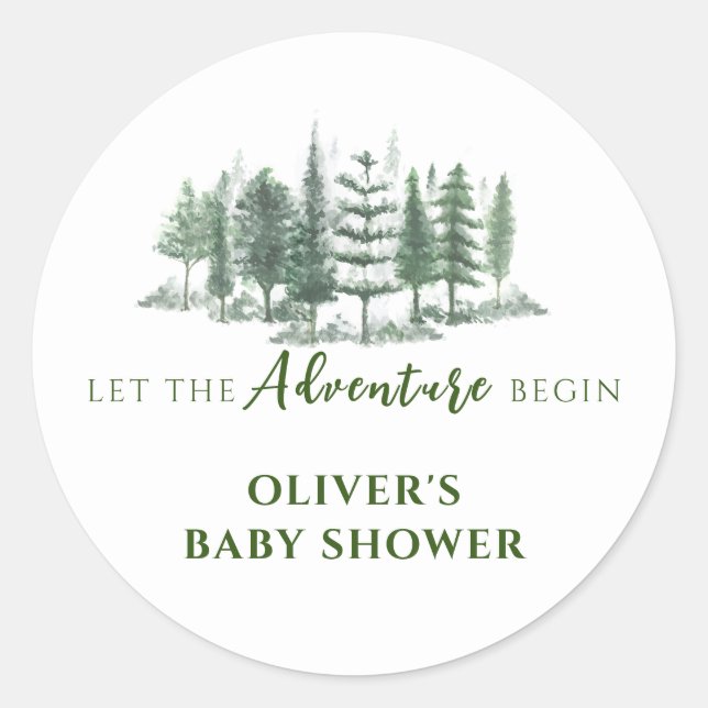 Lass der Adventure Begin Rustic Forest Baby Shower Runder Aufkleber (Vorderseite)