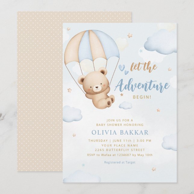 Lass der Adventure Begin Teddy Bear Baby Shower Einladung (Vorne/Hinten)