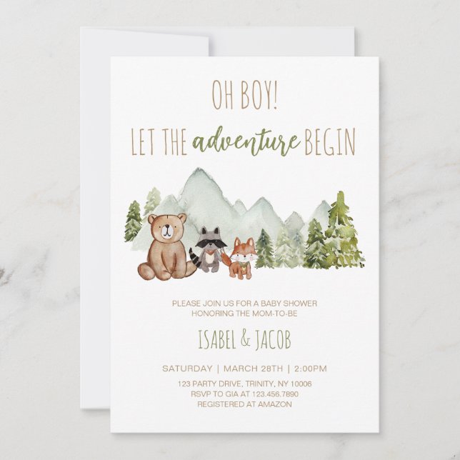 Lass der Adventure Begin Woodland Baby Shower Einladung (Vorderseite)
