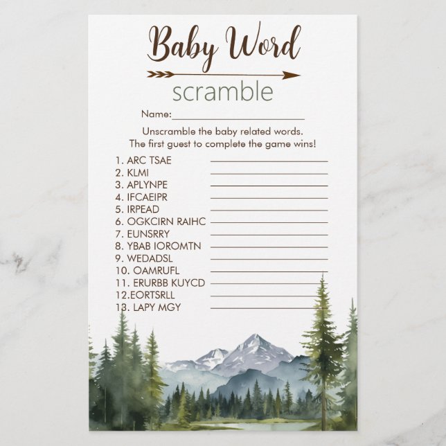 Lass der Adventure Word Scramble Game Baby Shower (Vorderseite)