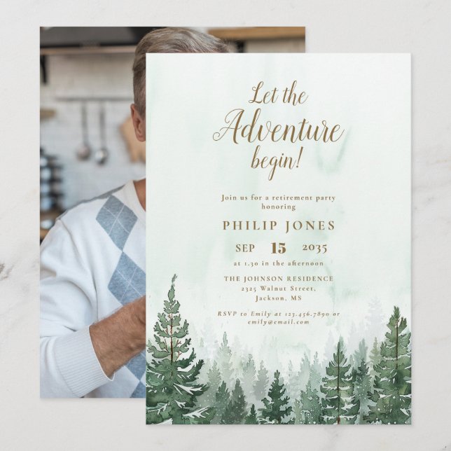 Lass des Abenteuers Begin Forest Foto Retirement Einladung (Vorne/Hinten)