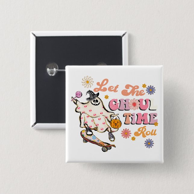 Lass des Ghoul Time Roll Retro Halloween Button (Vorne & Hinten)