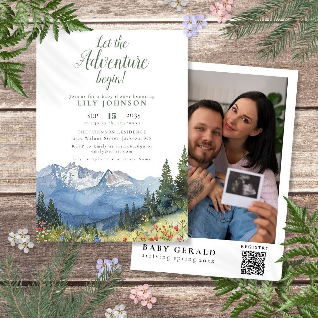 Lass des QR-Codes für das Foto "Adventure Begin Ba Einladung (Let The Adventure Begin Baby Shower Photo QR Code Invitation)