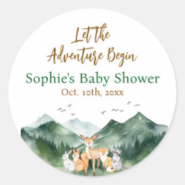 Lass die Adventure Begin Forest Baby Shower Favori Runder Aufkleber