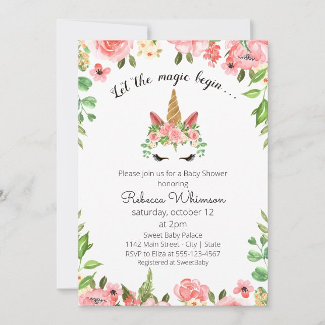 Lass die Magie an... Niedliche Einhorn-Kinderdusch Einladung (Vorderseite)