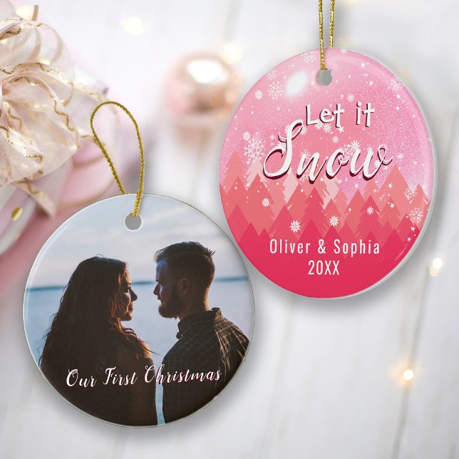 Lass es Schnee Erste Weihnachtsfeier Foto Pink Ornament (Von Creator hochgeladen)