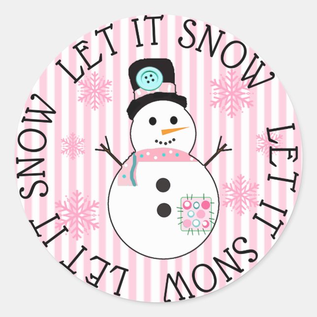 Lass es Schnee Snowman Pink Weihnachtskleber. Runder Aufkleber (Vorderseite)