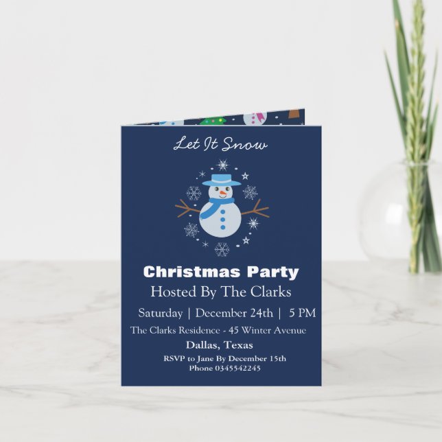 Lass es schneit blauer Schneemann Weihnachts-Party Einladung (Vorderseite)