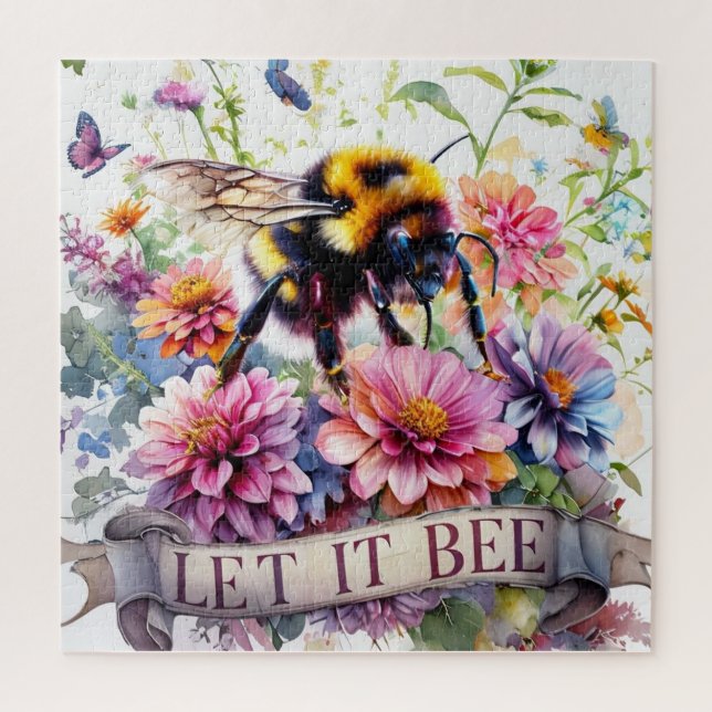 Lass es sein – Wasserfarben-Hummel-Frühlingsblumen Puzzle (Vertikal)