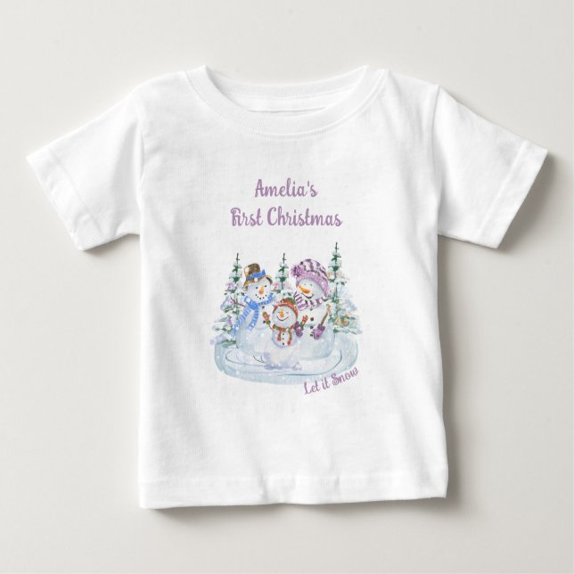 Lass es Snow Happy Snowman Girl's First Christmas Baby T-shirt (Vorderseite)