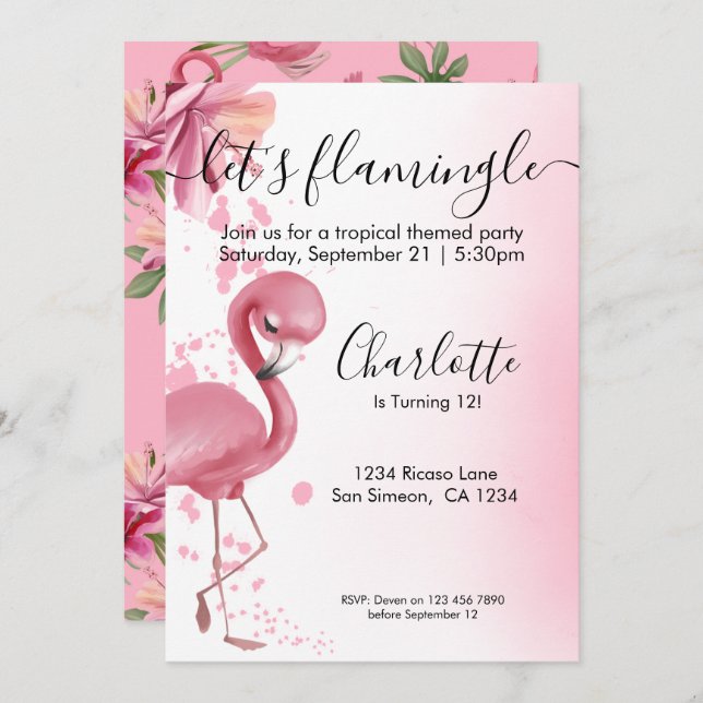 Lass Flamingle Tropical Pink Flamingo Geburtstag Einladung (Vorne/Hinten)