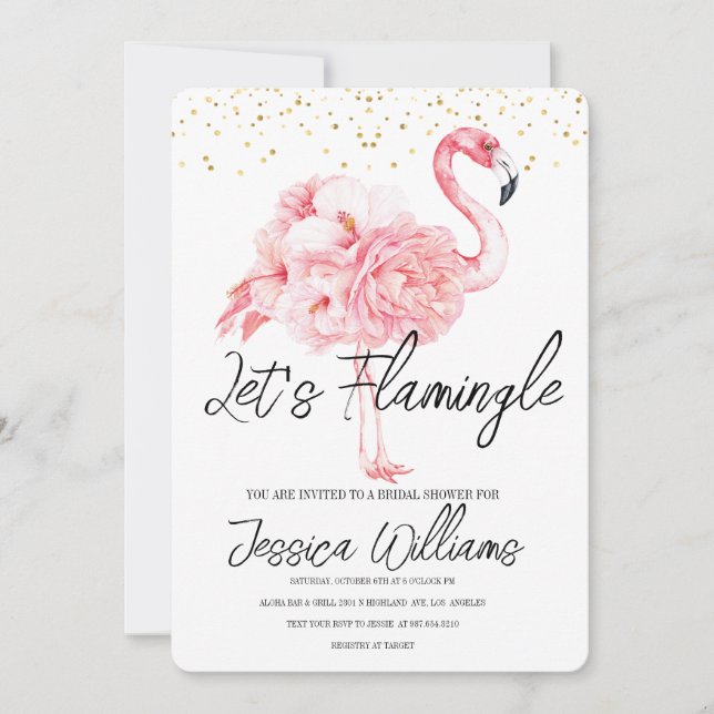 Lass' Flamingle! Tropisches Brautparty Einladung (Vorderseite)