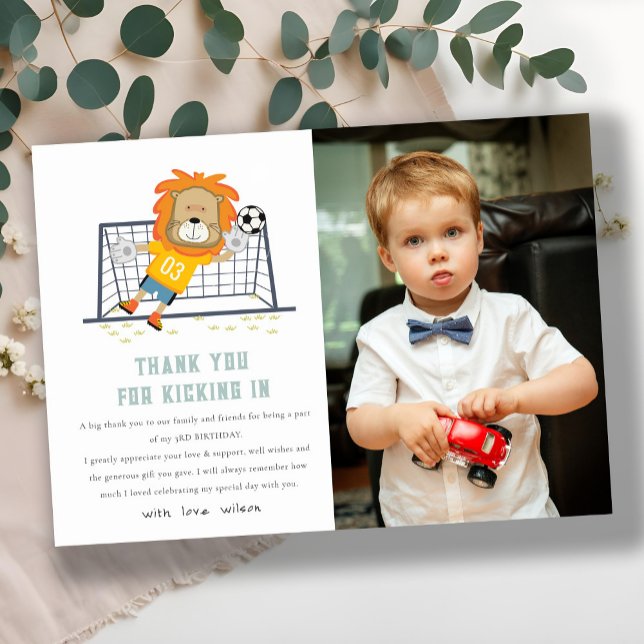 Lass Kick Lion Goalkeeper Soccer Foto Geburtstag Dankeskarte (Von Creator hochgeladen)