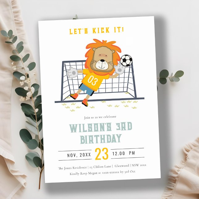 Lass Kick Lion Goalkeeper Soccer Kindergeburtstag Einladung (Von Creator hochgeladen)