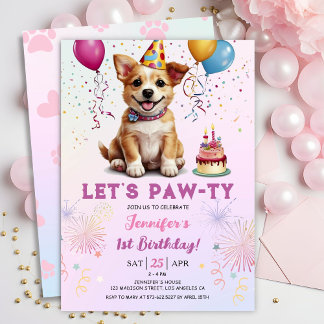 Lass Pawty 1. Geburtstag Hund Welpe Girl Party Einladung