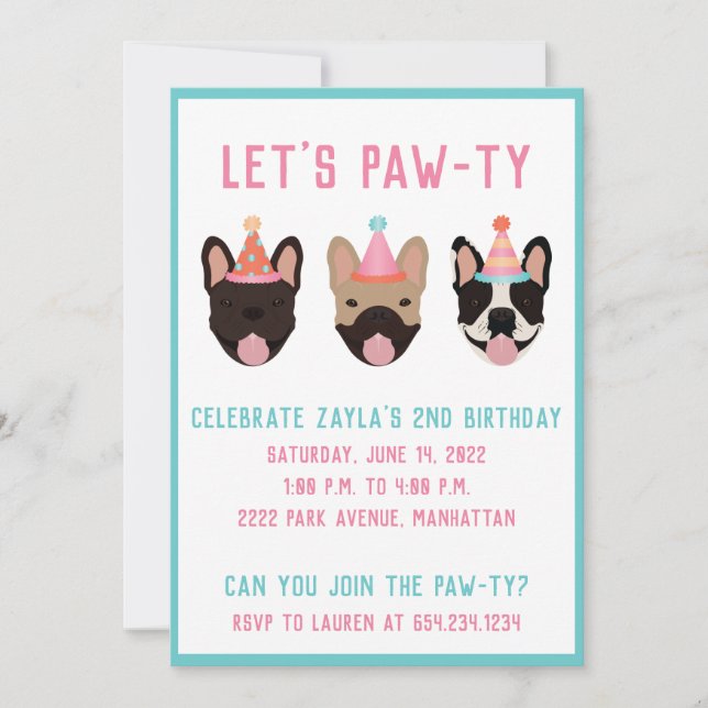 Lass Pawty French Bulldog Party Hats Einladung (Vorderseite)