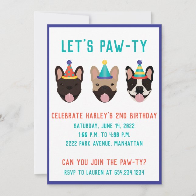 Lass Pawty French Bulldog Party Hats Einladung (Vorderseite)