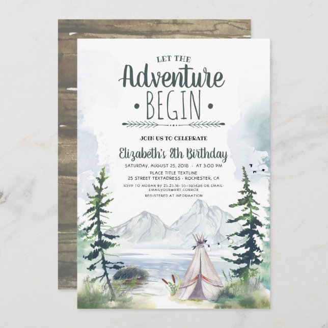 Lass The Adventure Begin Mountains Camping Geburts Einladung (Vorne/Hinten)