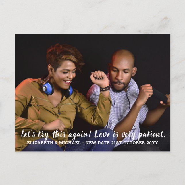 Lass Try This new Date BUDGET Foto Wedding Postkarte (Vorderseite)