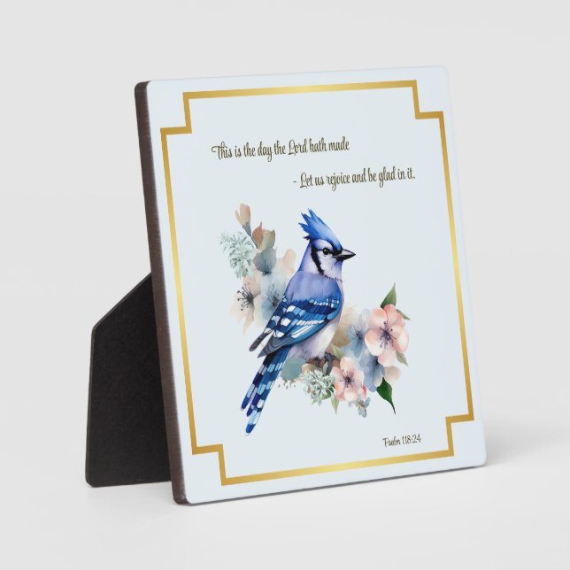 Lass uns Freude Bibel Vers Song Bird Blue Jay Art Fotoplatte (Vorderseite)
