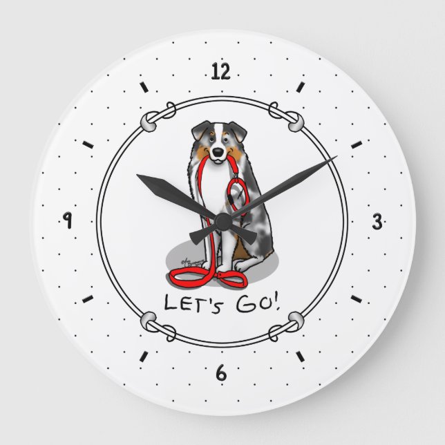 Lass uns gehen! Australischer Schäferhund (blaues  Große Wanduhr (Vorderseite)