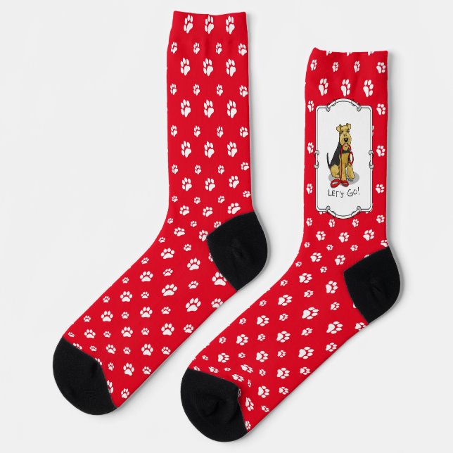 Lass uns gehen! Welsh Terrier Hund mit roter Leine Socken (Linkes Detail)